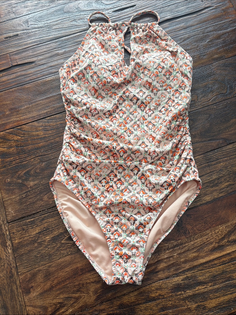 Garnet Hill Cream and Peach Floral Halter One-Piece Swimsuit